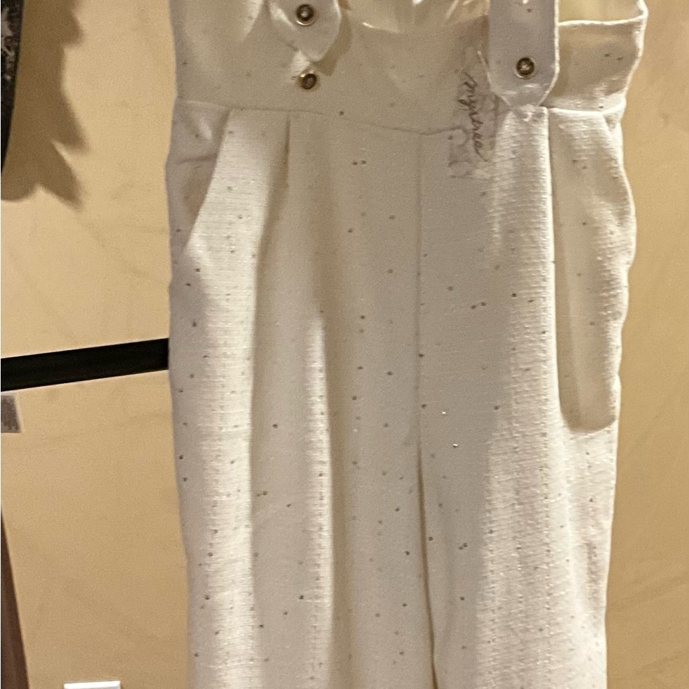 Mystree Cream Textured Pants with Button Detail